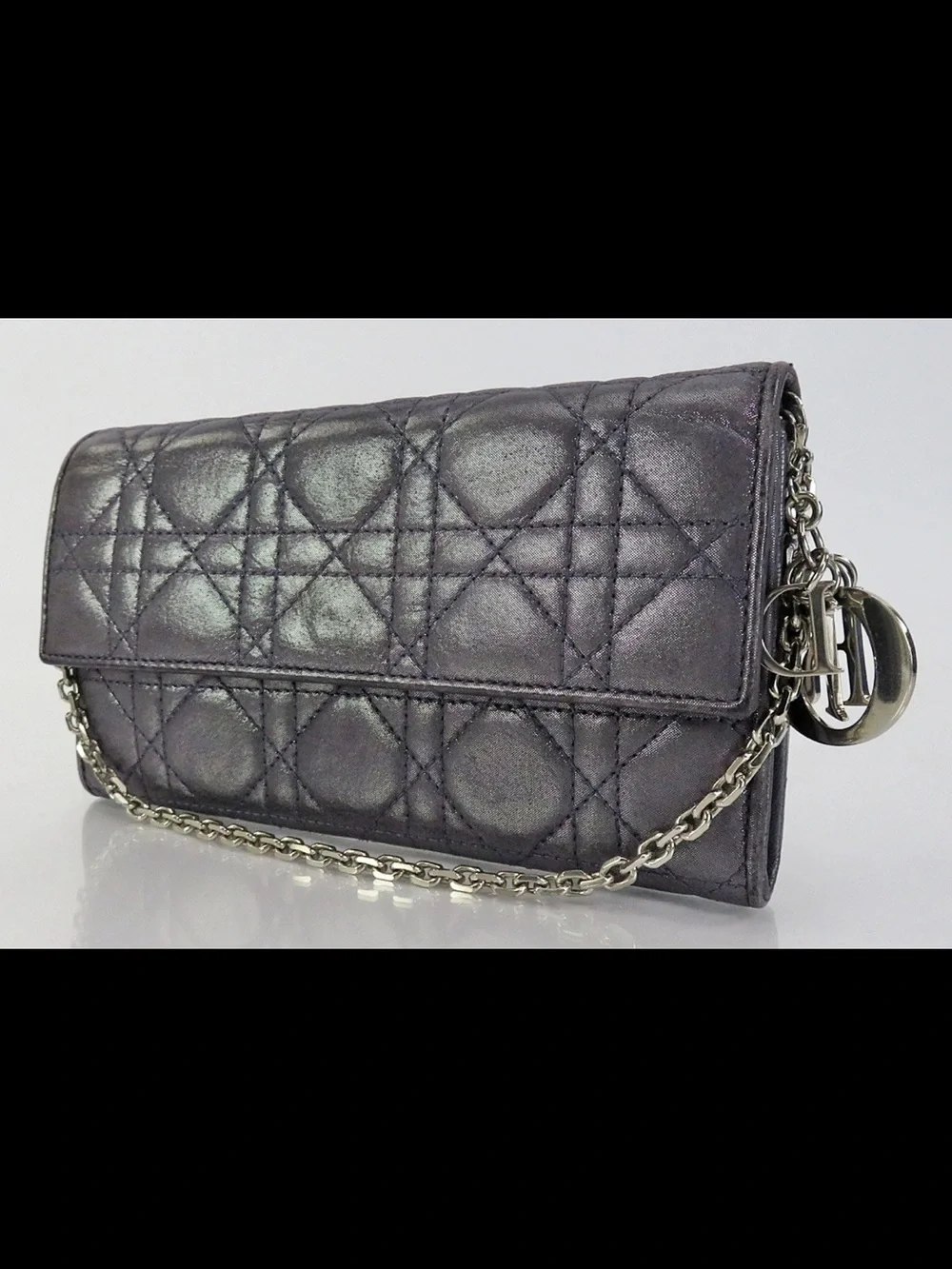 Dior Metallic Plum Quilted Chain Wallet